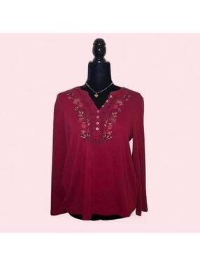 Tradition Red Long Sleeve Button Up Floral Embroidered Beaded Y2K